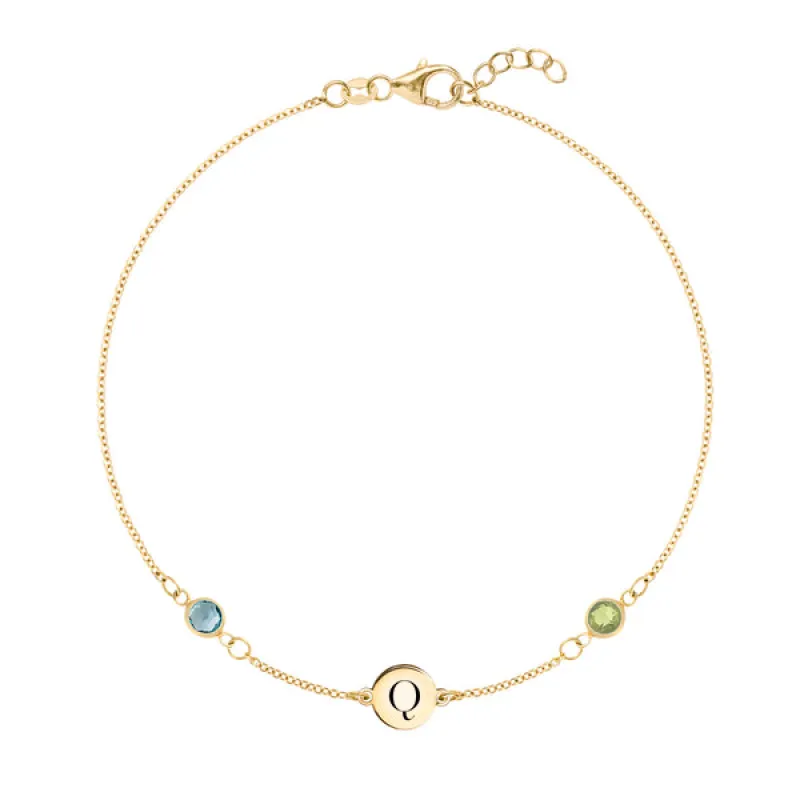 Personalized Classic 1 Letter & 2 Birthstone Bracelet in 14k Gold sold by Haverhill