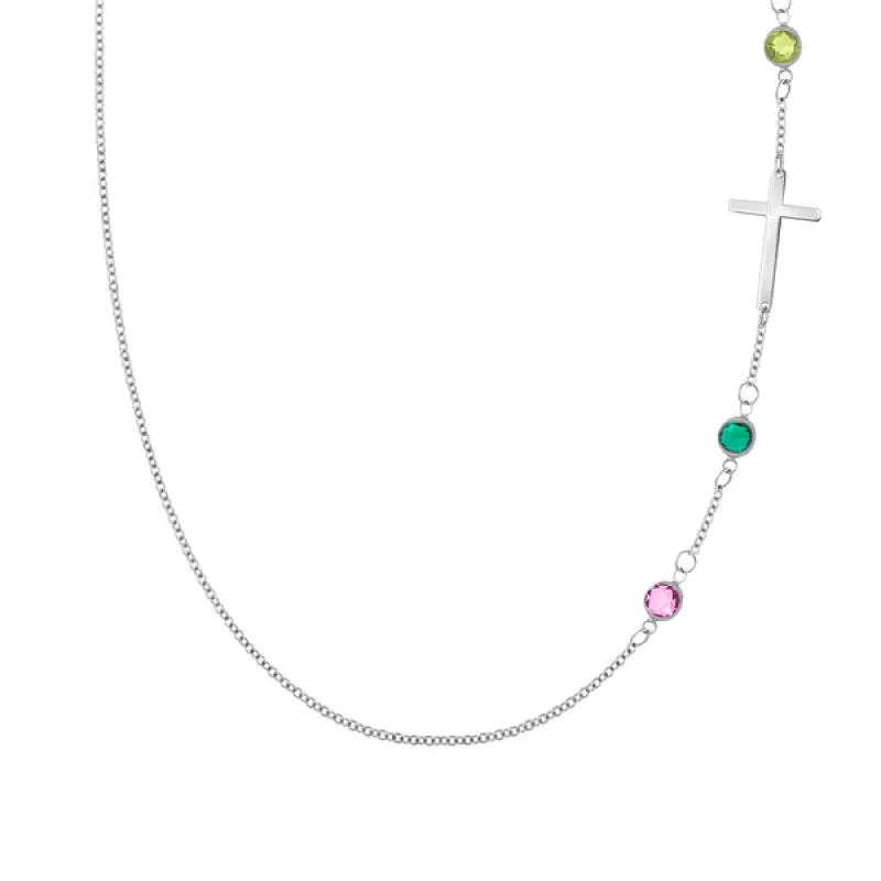 Personalized Classic Cross & 3 Birthstone Necklace in 14k Gold sold by Haverhill
