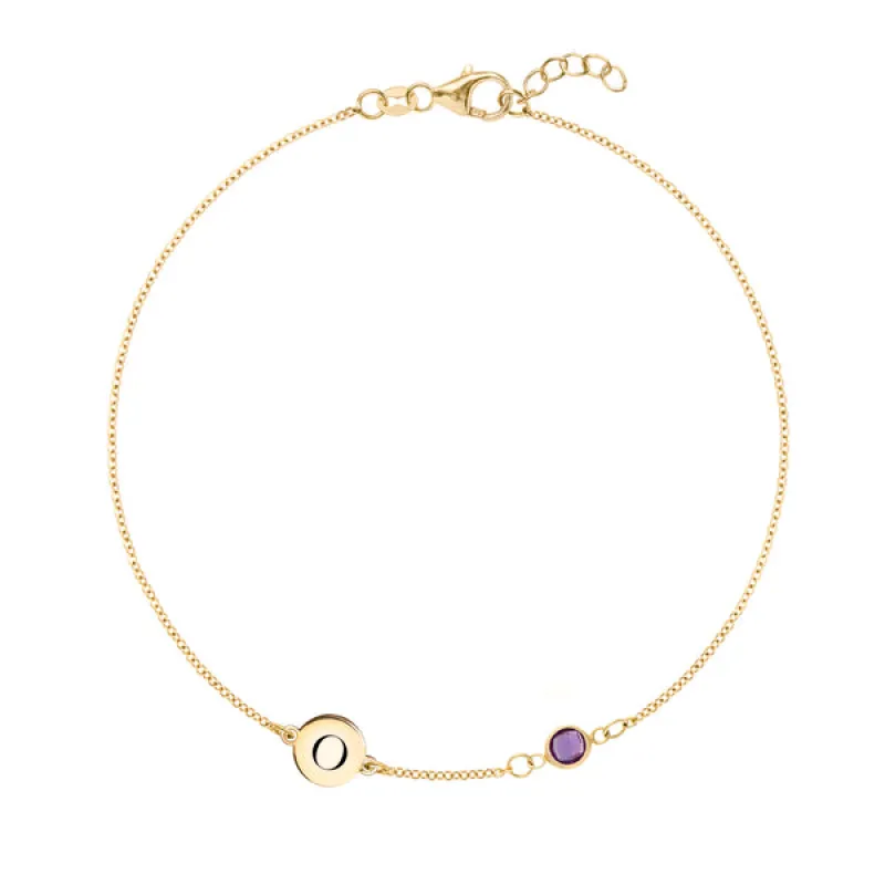 Personalized Classic 1 Letter & 1 Amethyst Bracelet in 14k Gold (February) sold by Haverhill