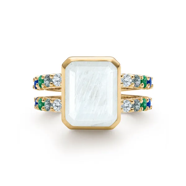 Personalized Warren Vertical Birthstone Ring with Accent Stones in 14k Gold sold by Haverhill