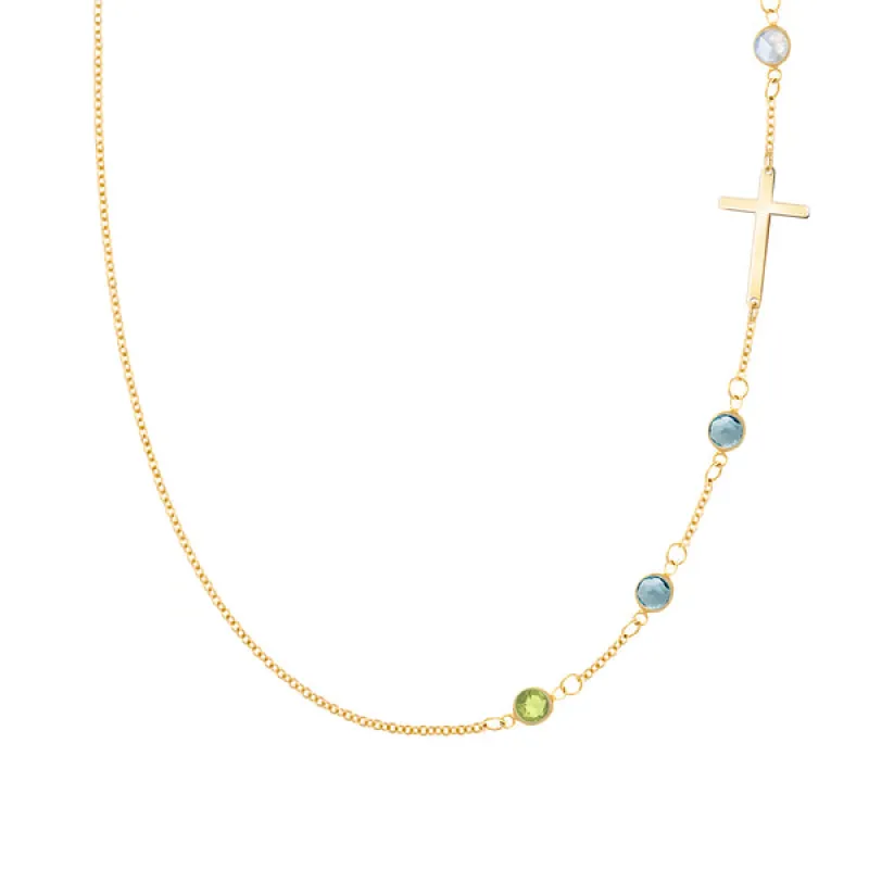 Personalized Classic Cross & 4 Birthstone Necklace in 14k Gold sold by Haverhill