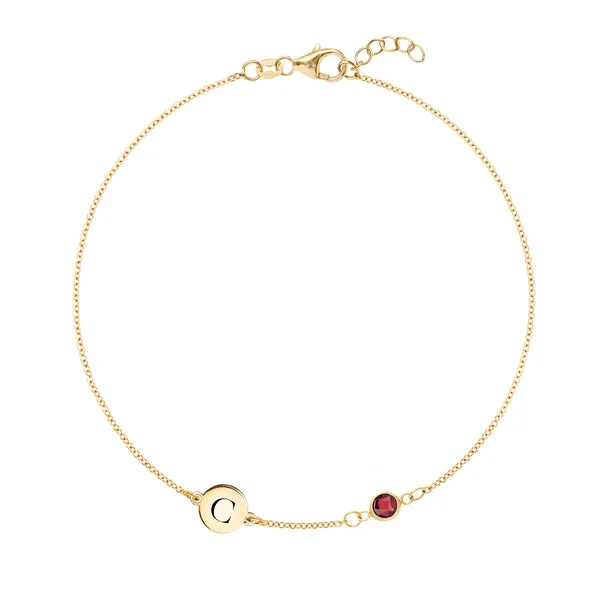 Personalized Classic 1 Letter & 1 Garnet Bracelet in 14k Gold (January) sold by Haverhill