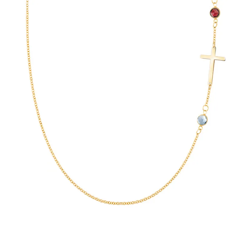 Personalized Classic Cross & 2 Birthstone Necklace in 14k Gold sold by Haverhill
