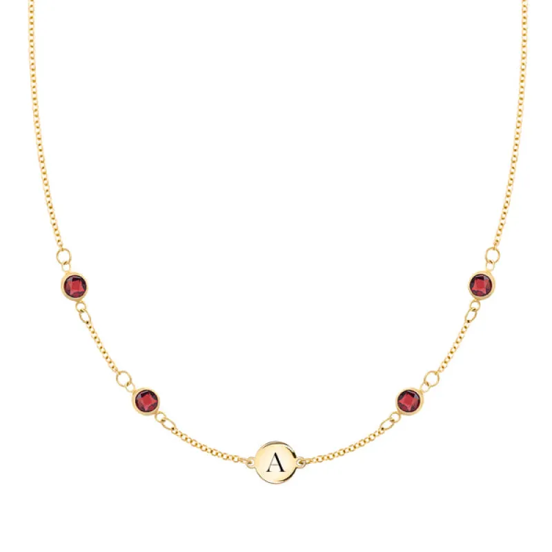 Personalized Classic 1 Letter & 4 Garnet Necklace in 14k Gold (January) sold by Haverhill