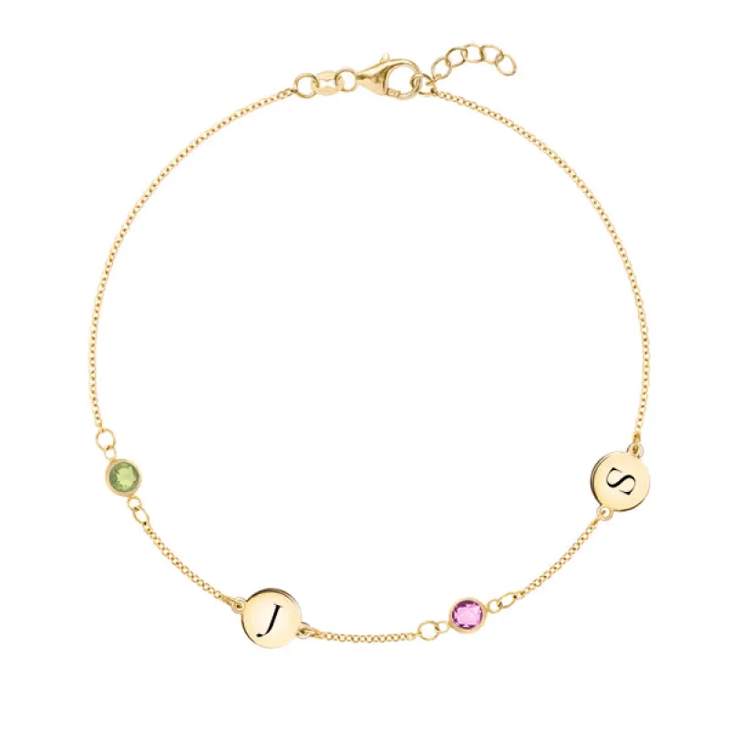 Personalized Classic 2 Letter & 2 Birthstone Bracelet in 14k Gold sold by Haverhill