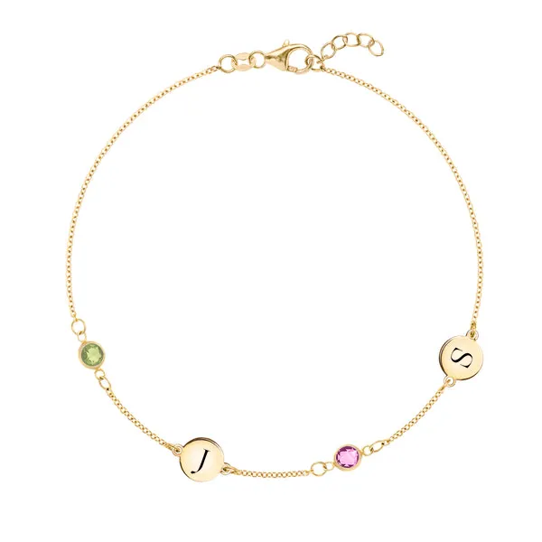 Personalized Classic 2 Letter & 2 Birthstone Bracelet in 14k Gold sold by Haverhill
