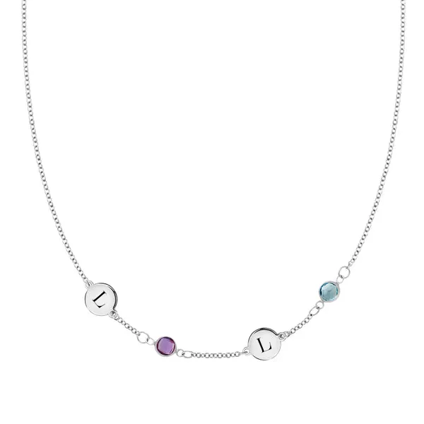 Personalized Classic 2 Letter & 2 Birthstone Necklace in 14k Gold (Single Spacing) sold by Haverhill