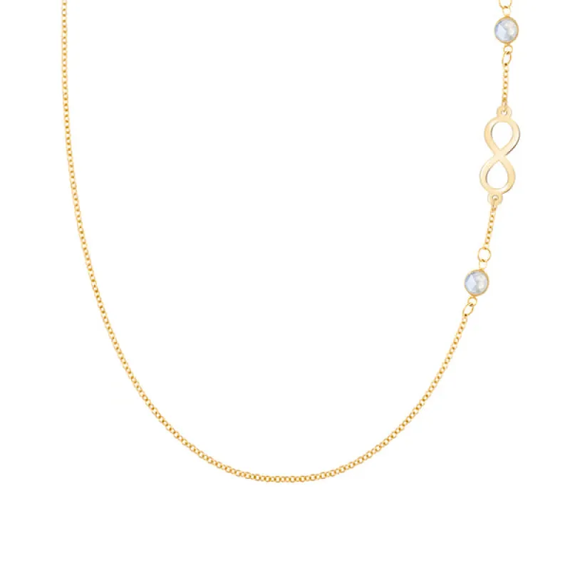 Personalized Classic Infinity & 2 Birthstone Necklace in 14k Gold sold by Haverhill