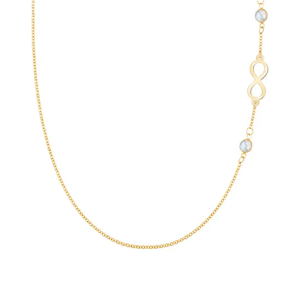 Personalized Classic Infinity & 2 Birthstone Necklace in 14k Gold sold by Haverhill