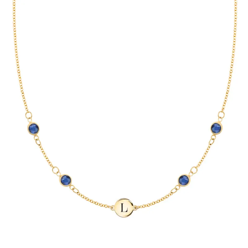 Personalized Classic 1 Letter & 4 Sapphire Necklace in 14k Gold (September) sold by Haverhill