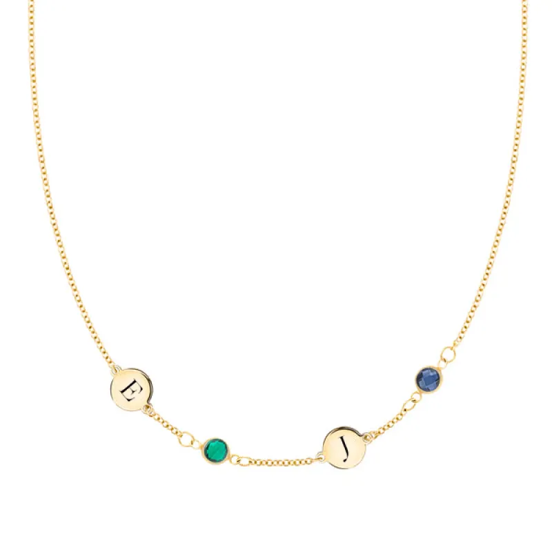 Personalized Classic 2 Letter & 2 Birthstone Necklace in 14k Gold (Single Spacing) sold by Haverhill