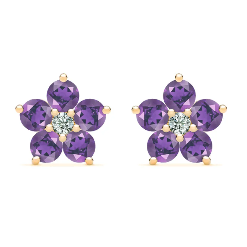 Personalized Greenwich Flower Birthstone & Diamond Earrings in 14k Gold sold by Haverhill