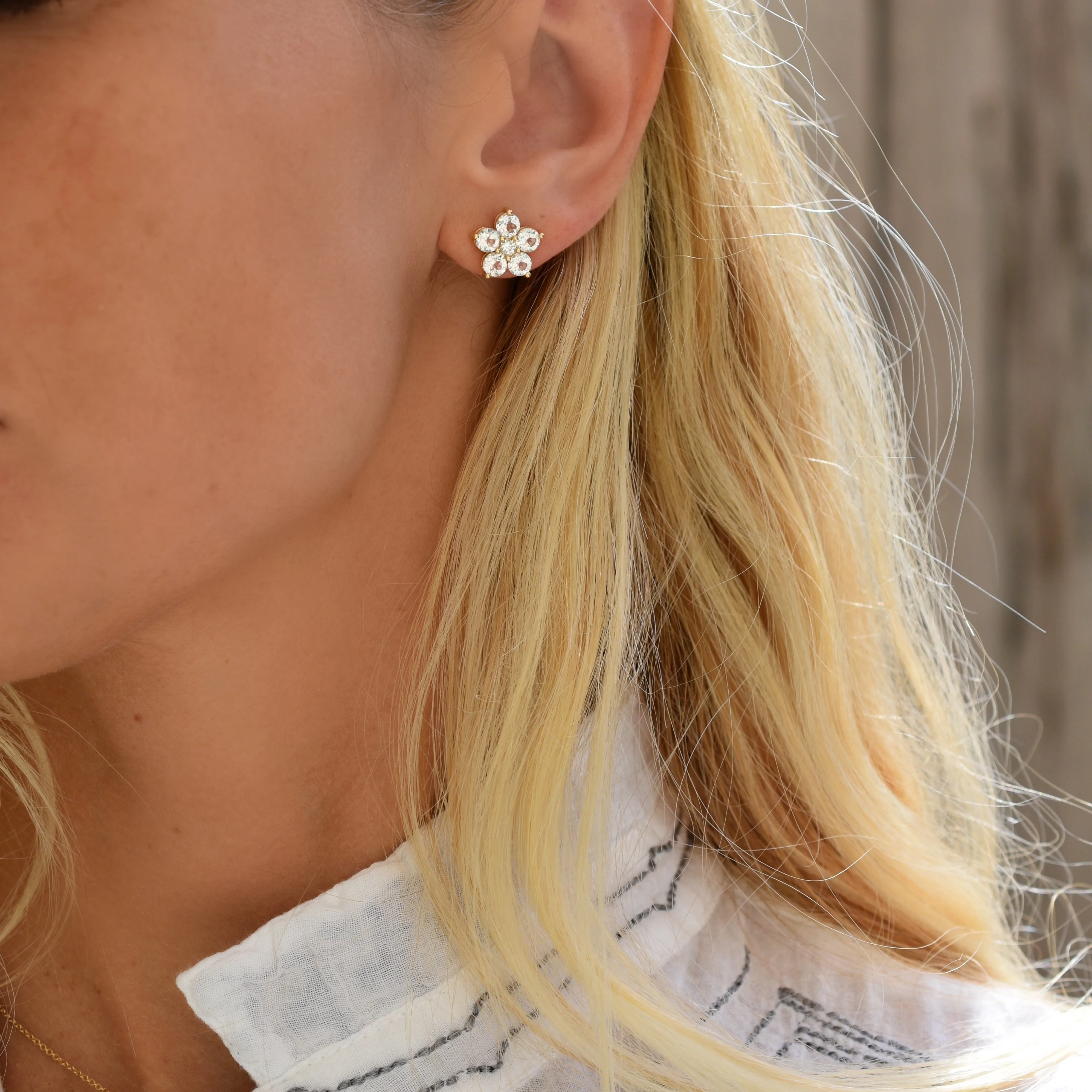 Personalized Greenwich Flower Birthstone & Diamond Earrings in 14k Gold sold by Haverhill product image thumbnail 5