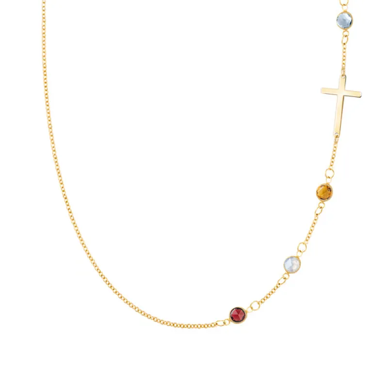 Personalized Classic Cross & 4 Birthstone Necklace in 14k Gold sold by Haverhill