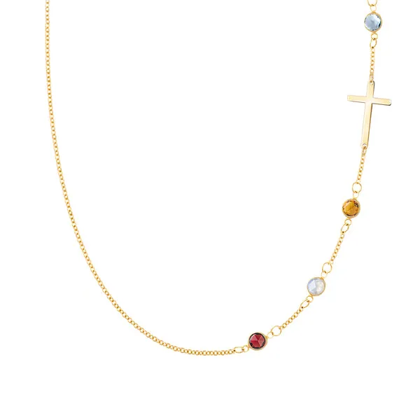 Personalized Classic Cross & 4 Birthstone Necklace in 14k Gold sold by Haverhill
