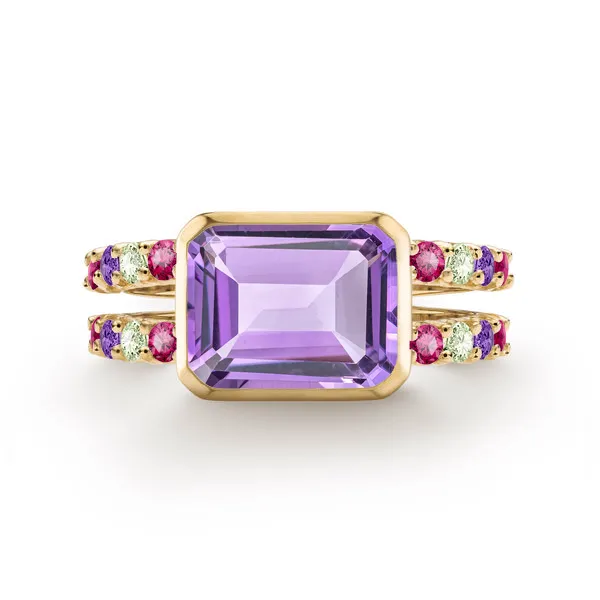 Personalized Warren Horizontal Birthstone Ring with Accent Stones in 14k Gold sold by Haverhill