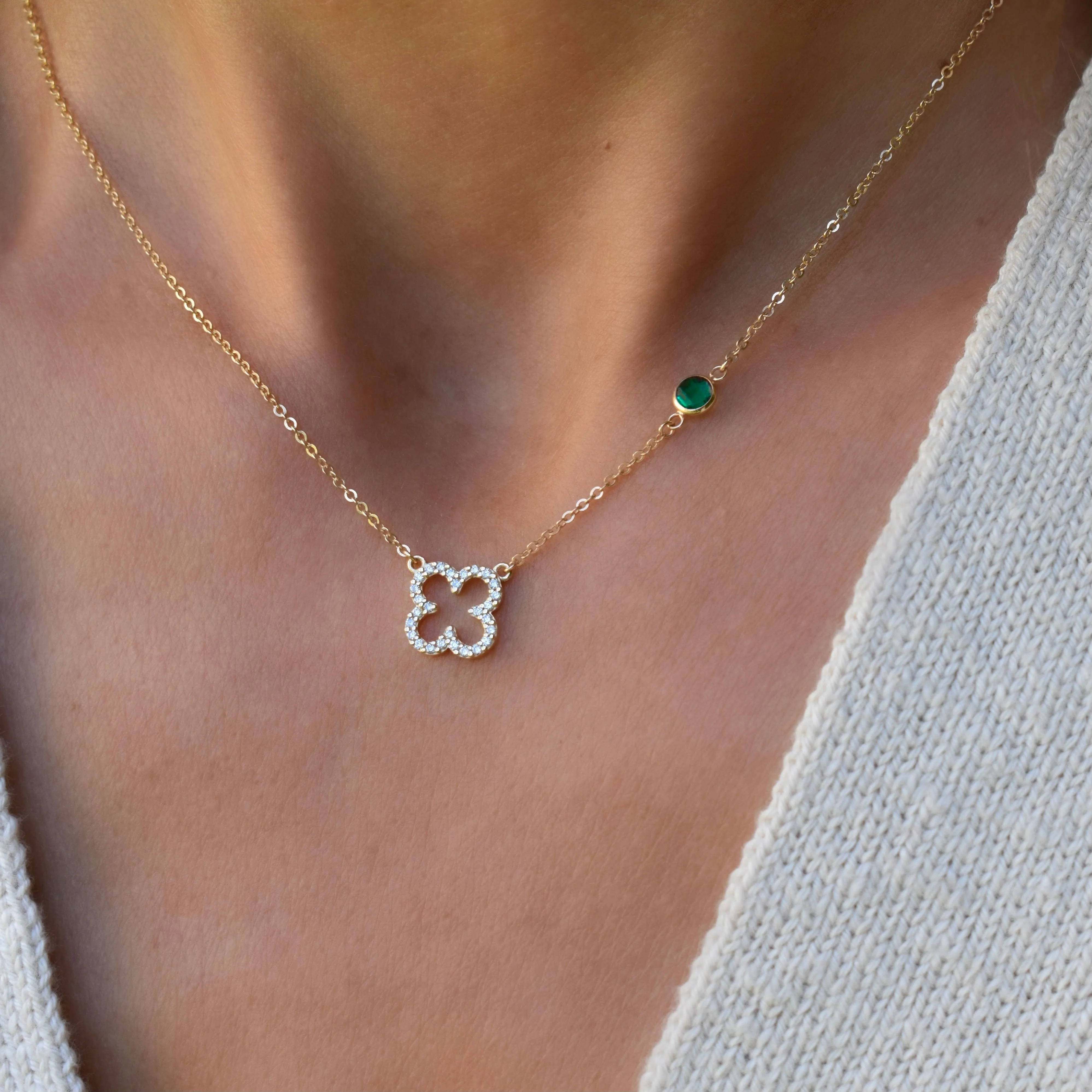 Personalized Diamond Clover & Birthstone Necklace in 14k Gold sold by Haverhill product image thumbnail 3