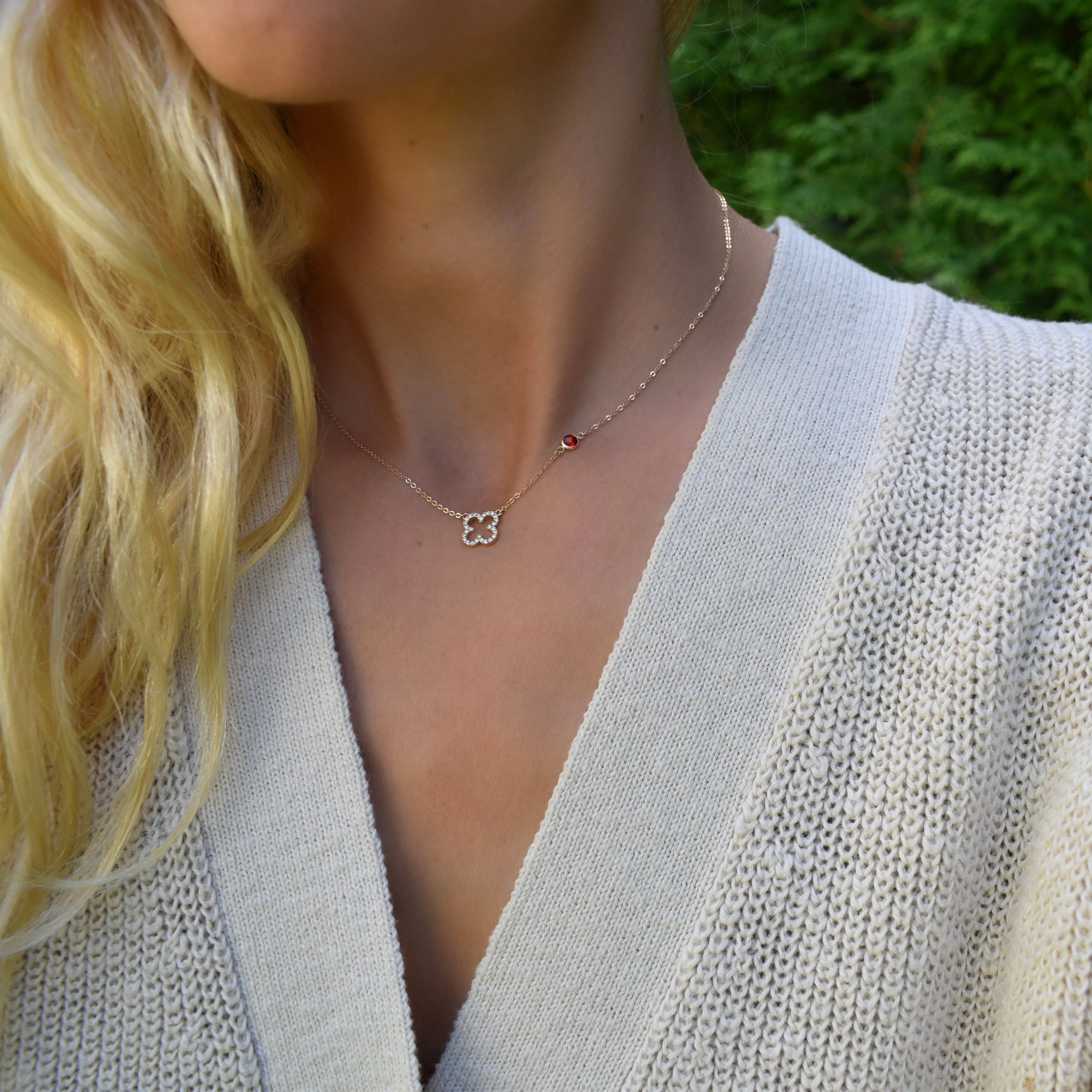 Personalized Diamond Clover & Birthstone Necklace in 14k Gold sold by Haverhill product image thumbnail 2