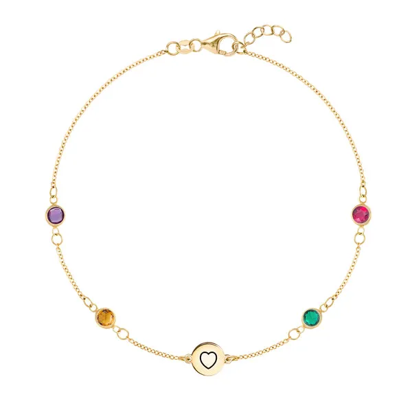 Personalized Heart Disc & Classic 4 Birthstone Bracelet in 14k Gold sold by Haverhill