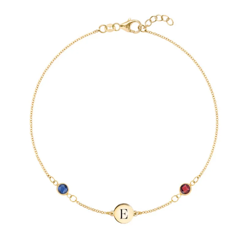 Personalized Classic 1 Letter & 2 Birthstone Bracelet in 14k Gold sold by Haverhill
