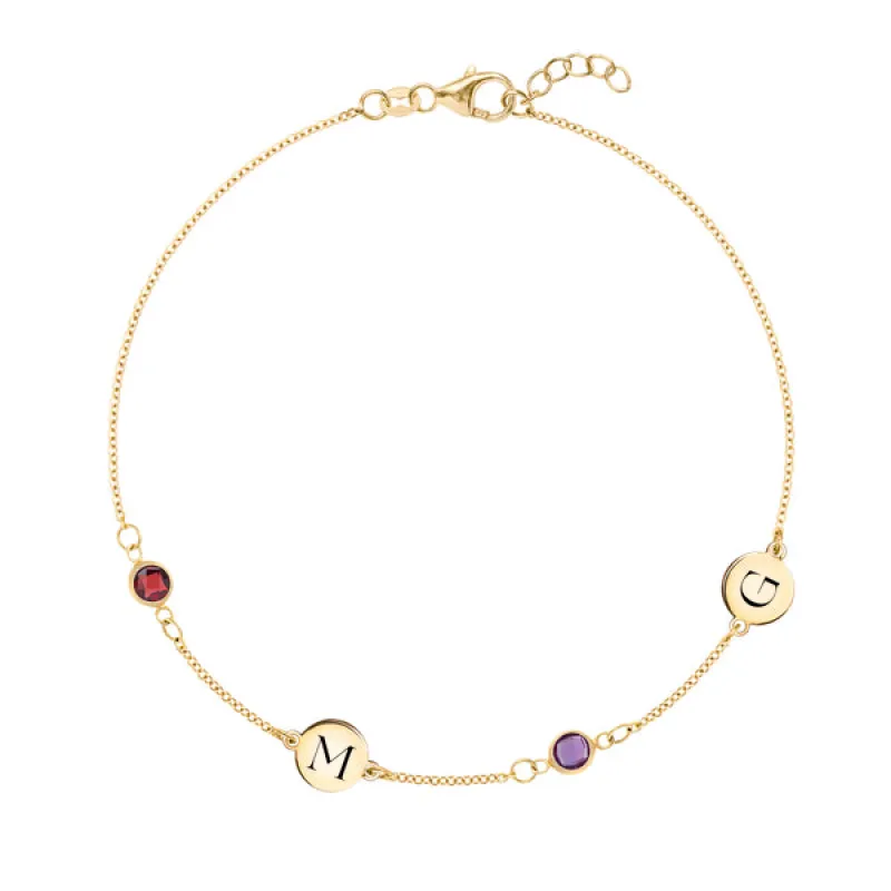 Personalized Classic 2 Letter & 2 Birthstone Bracelet in 14k Gold sold by Haverhill