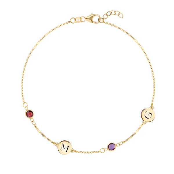 Personalized Classic 2 Letter & 2 Birthstone Bracelet in 14k Gold sold by Haverhill