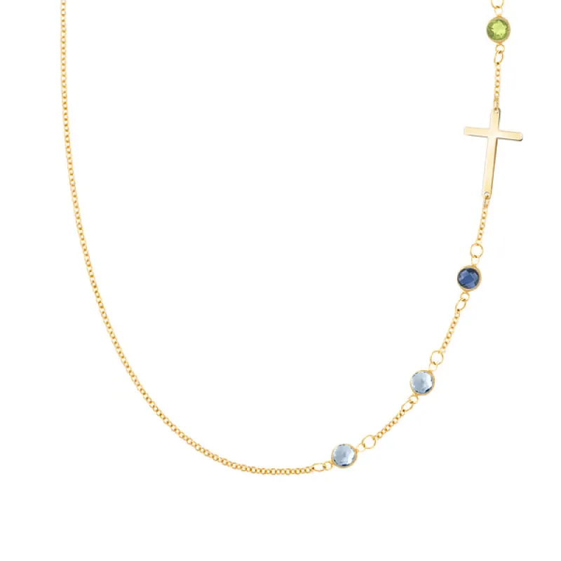 Personalized Classic Cross & 4 Birthstone Necklace in 14k Gold sold by Haverhill