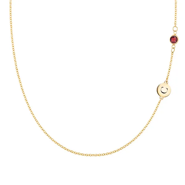 Personalized Classic 1 Letter & 1 Garnet Necklace in 14k Gold (January) sold by Haverhill