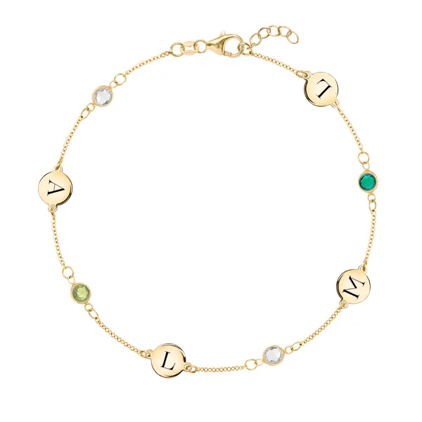 Personalized Classic 4 Letter & 4 Birthstone Bracelet in 14k Gold sold by Haverhill