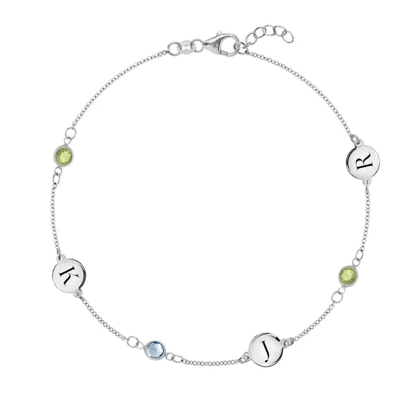 Personalized Classic 3 Letter & 3 Birthstone Bracelet in 14k Gold sold by Haverhill