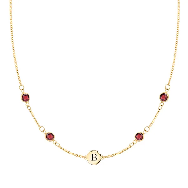 Personalized Classic 1 Letter & 4 Garnet Necklace in 14k Gold (January) sold by Haverhill