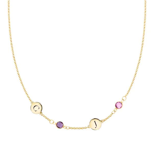 Personalized Classic 2 Letter & 2 Birthstone Necklace in 14k Gold (Single Spacing) sold by Haverhill