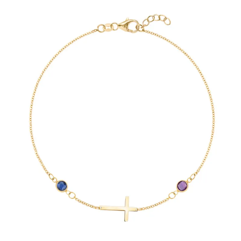 Personalized Classic Cross & 2 Birthstone Bracelet in 14k Gold sold by Haverhill