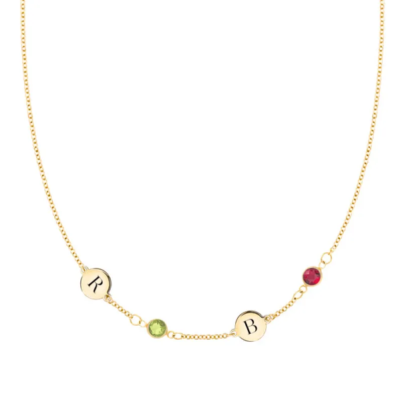 Personalized Classic 2 Letter & 2 Birthstone Necklace in 14k Gold (Single Spacing) sold by Haverhill