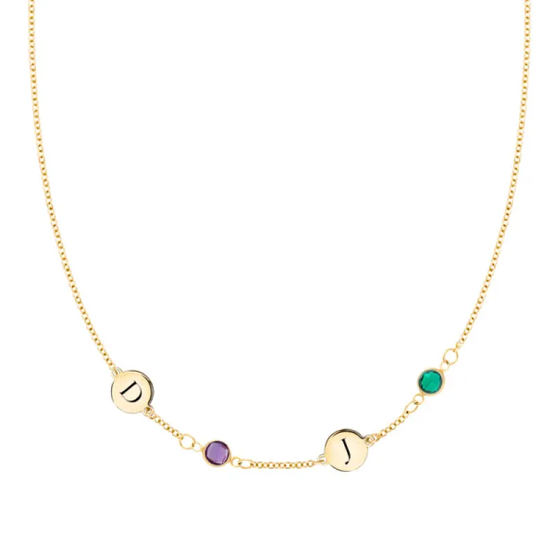 Personalized Classic 2 Letter & 2 Birthstone Necklace in 14k Gold (Single Spacing) sold by Haverhill