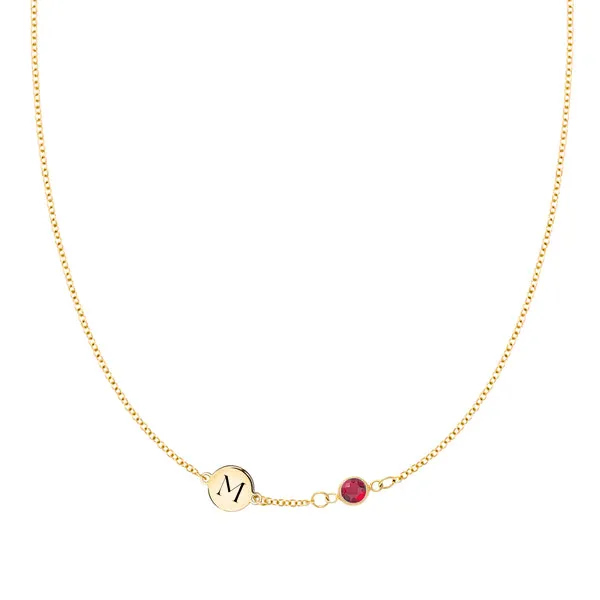 Personalized Classic 1 Letter & 1 Birthstone Necklace in 14k Gold (Single Spacing) sold by Haverhill