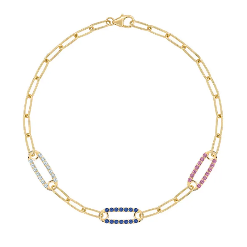 Personalized Adelaide 3 Pavé Birthstone Link Bracelet in 14k Gold sold by Haverhill