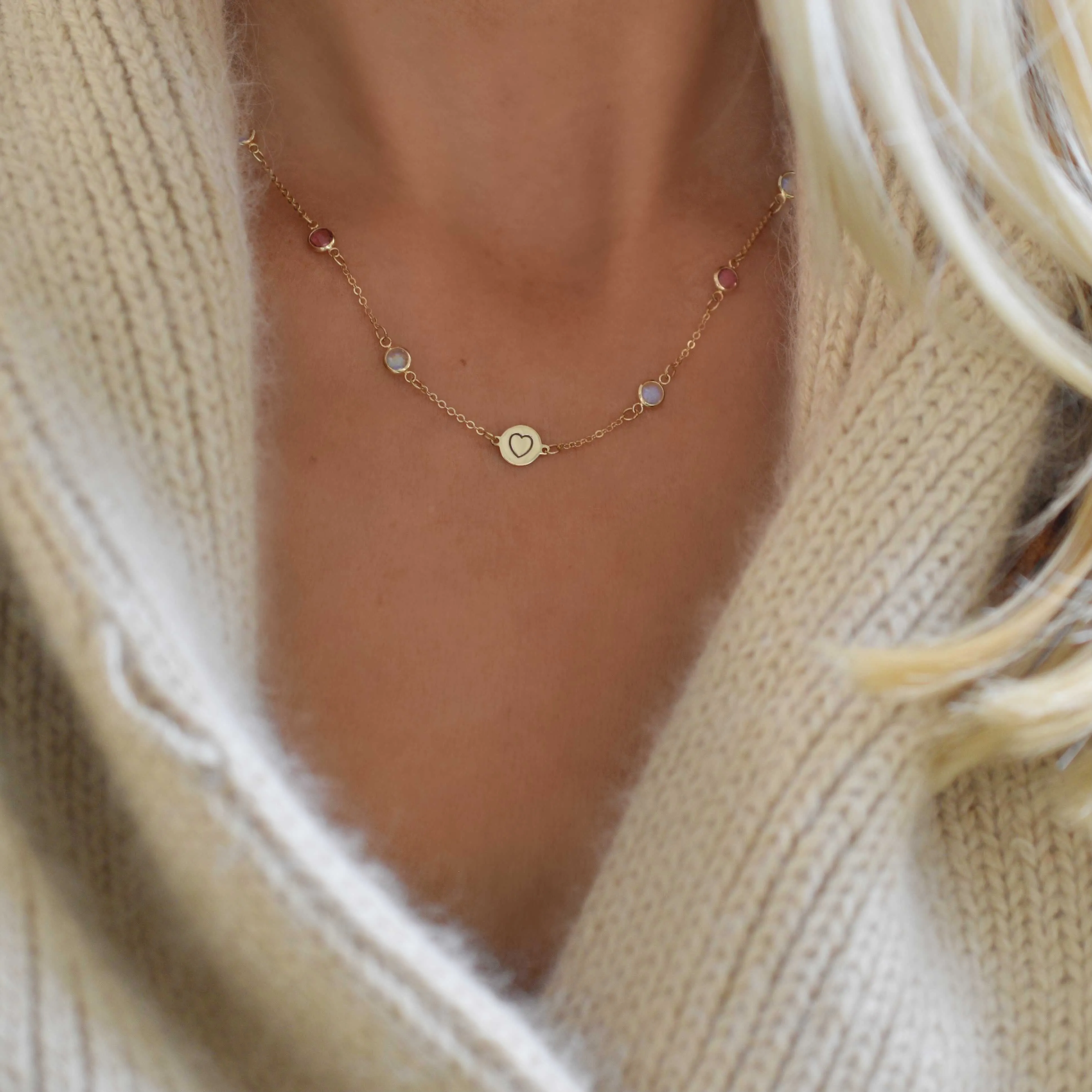 Personalized Heart Disc & Classic 6 Birthstone Necklace in 14k Gold sold by Haverhill product image thumbnail 2