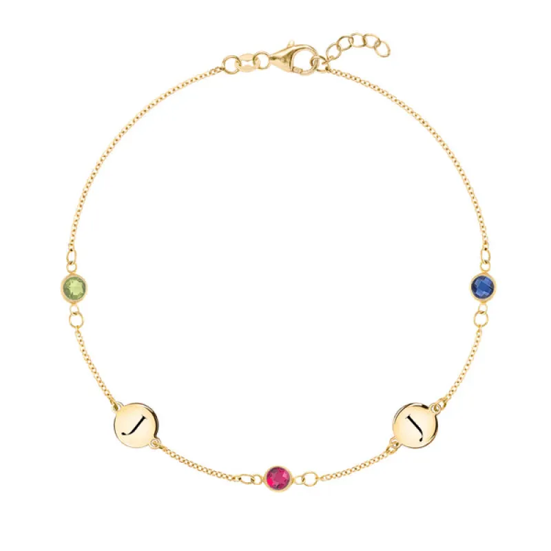 Personalized Classic 2 Letter & 3 Birthstone Bracelet in 14k Gold sold by Haverhill