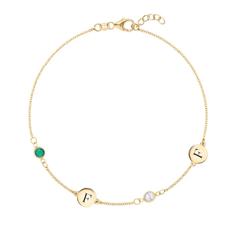 Personalized Classic 2 Letter & 2 Birthstone Bracelet in 14k Gold sold by Haverhill