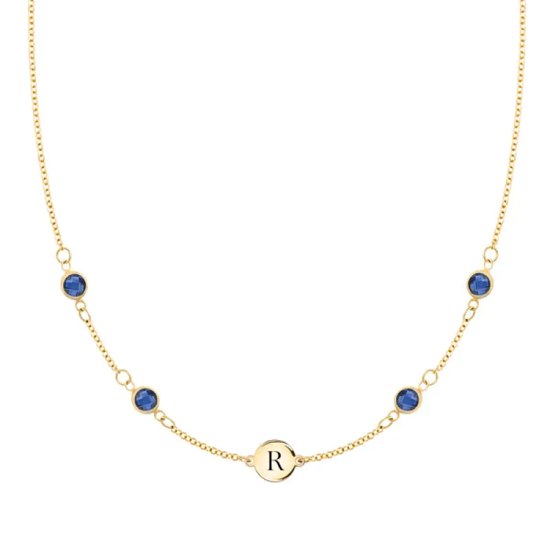 Personalized Classic 1 Letter & 4 Sapphire Necklace in 14k Gold (September) sold by Haverhill