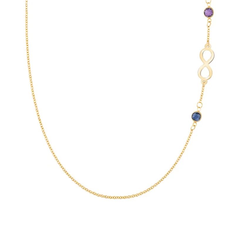Personalized Classic Infinity & 2 Birthstone Necklace in 14k Gold sold by Haverhill