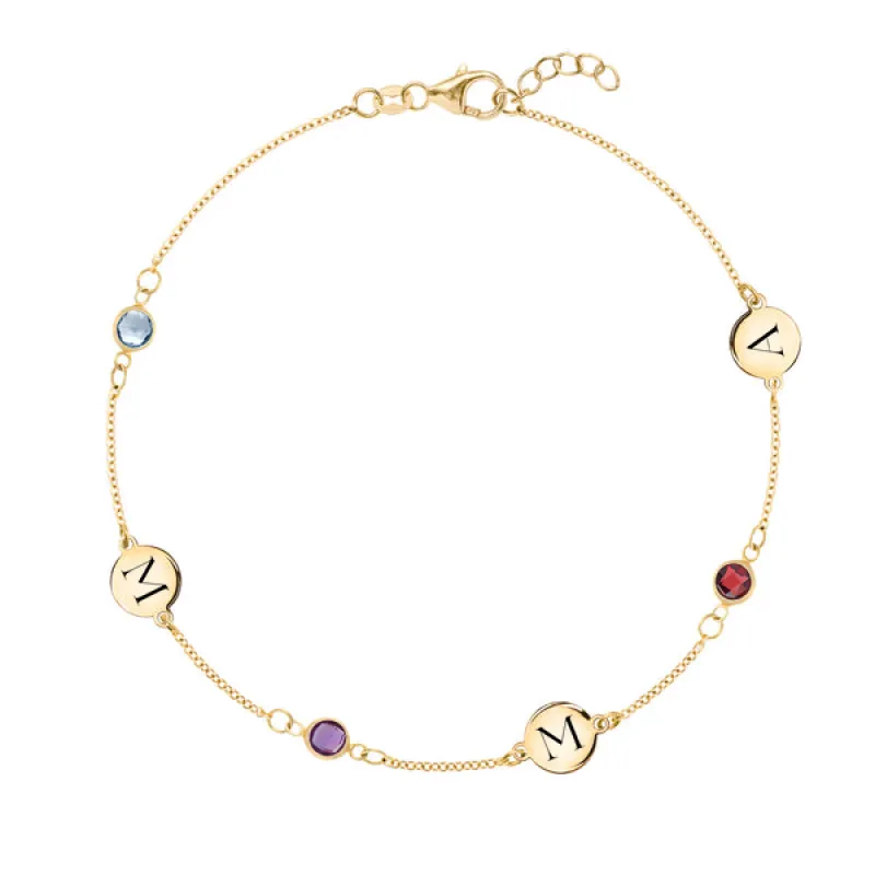 Personalized Classic 3 Letter & 3 Birthstone Bracelet in 14k Gold sold by Haverhill