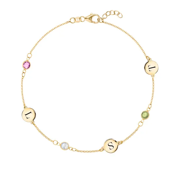 Personalized Classic 3 Letter & 3 Birthstone Bracelet in 14k Gold sold by Haverhill