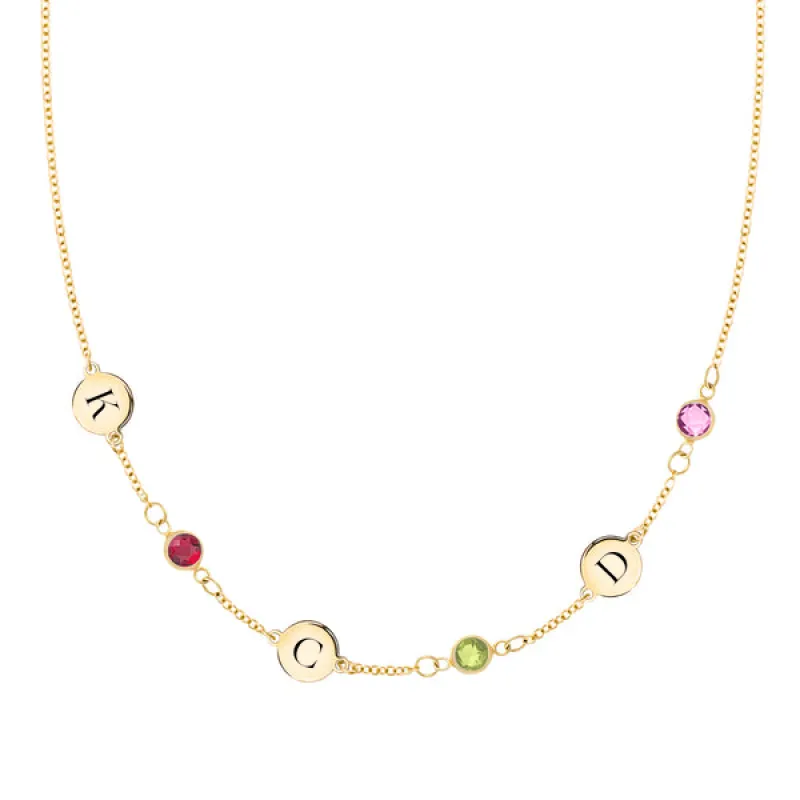 Personalized Classic 3 Letter & 3 Birthstone Necklace in 14k Gold (Single Spacing) sold by Haverhill