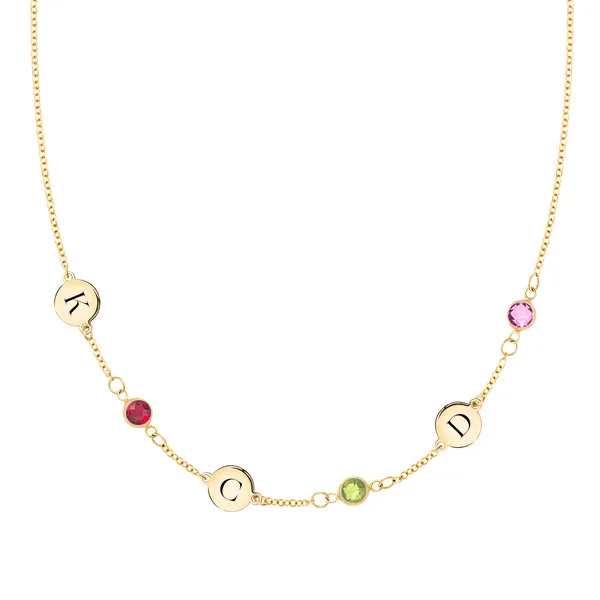 Personalized Classic 3 Letter & 3 Birthstone Necklace in 14k Gold (Single Spacing) sold by Haverhill