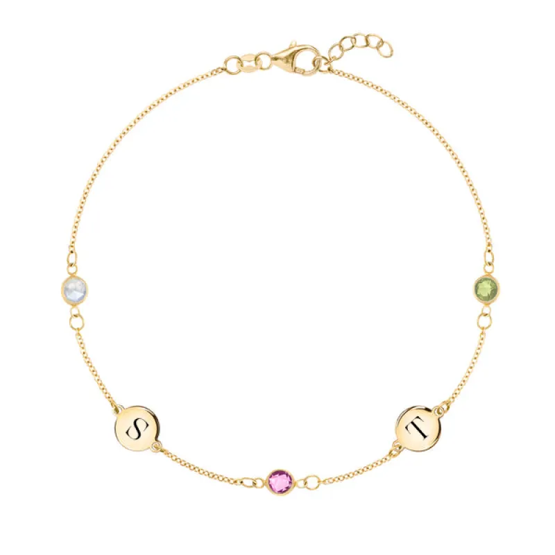 Personalized Classic 2 Letter & 3 Birthstone Bracelet in 14k Gold sold by Haverhill
