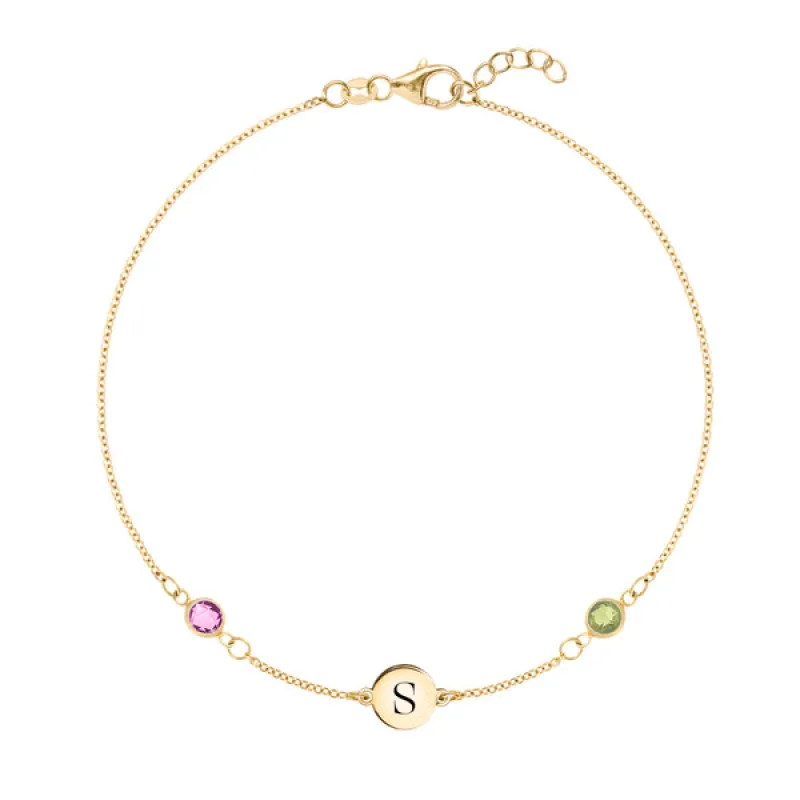 Personalized Classic 1 Letter & 2 Birthstone Bracelet in 14k Gold sold by Haverhill