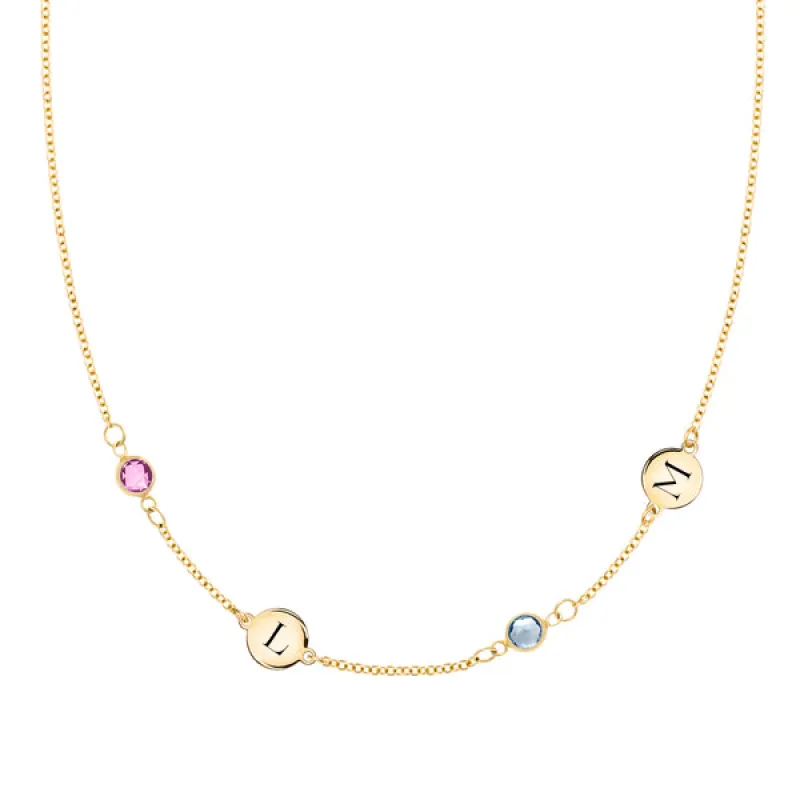 Personalized Classic 2 Letter & 2 Birthstone Necklace in 14k Gold (Double Spacing) sold by Haverhill
