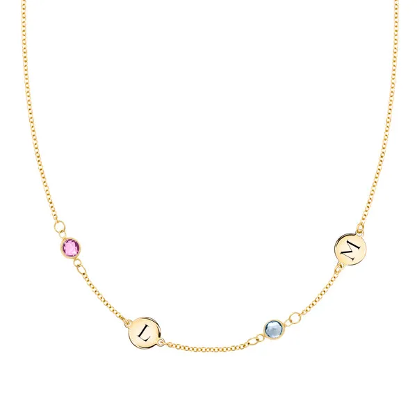 Personalized Classic 2 Letter & 2 Birthstone Necklace in 14k Gold (Double Spacing) sold by Haverhill